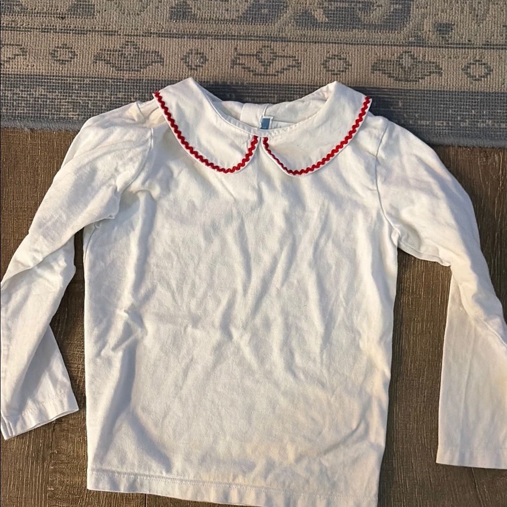 Classic White Long-Sleeve Top with Red Trim Collar - Kids